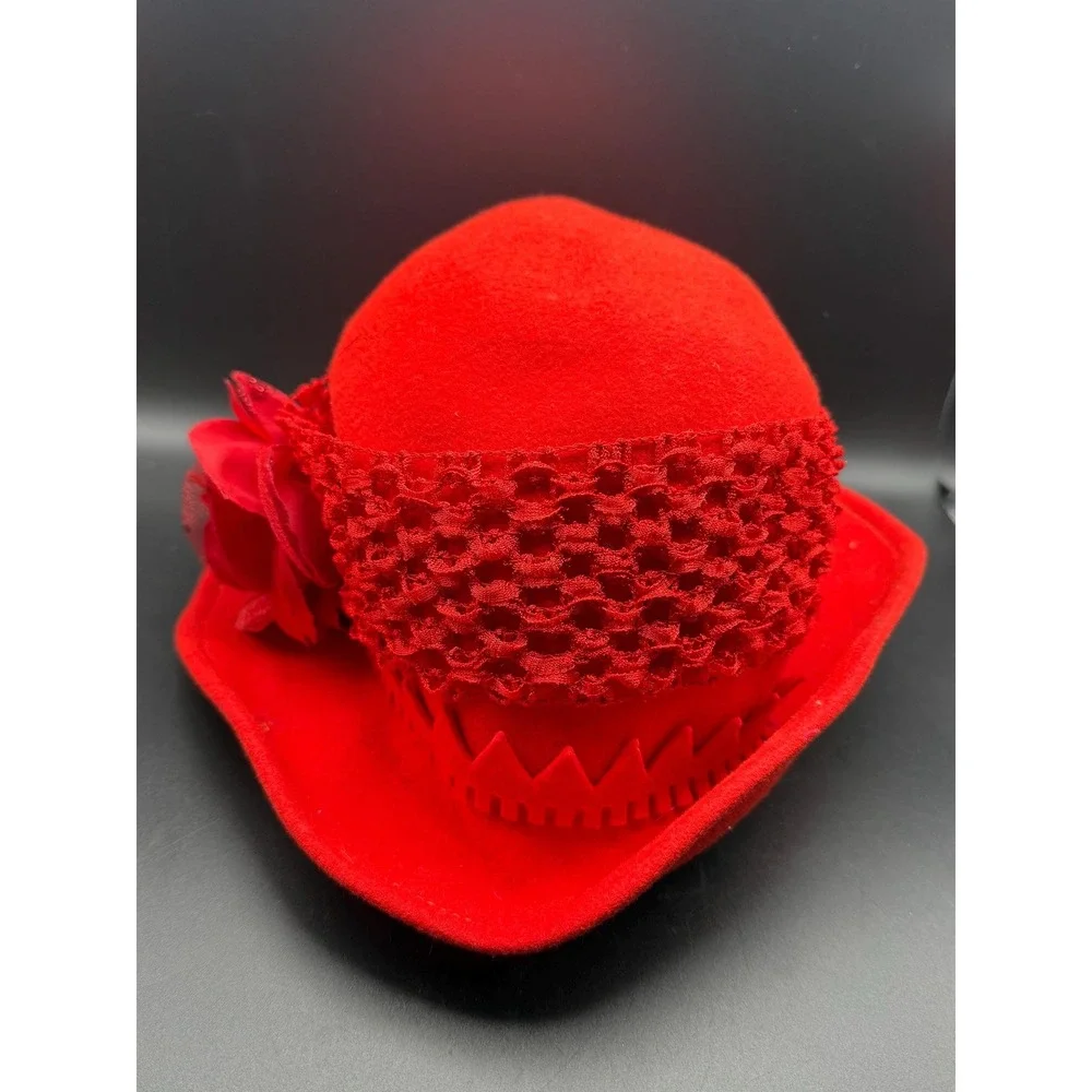 Vtg Jack McConnell Flair Red Wool Doeskin Felt Cloche Hat Lace Flower Church